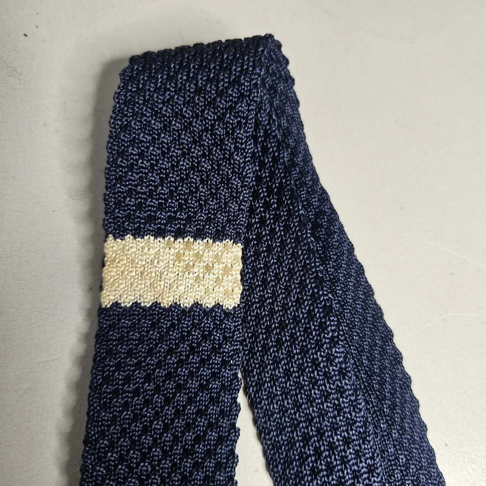 Vintage Mens Navy Blue Knit Tie Cream Stripe Square End Skinny Necktie‎
